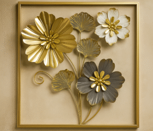 Golden Bloom Metal Wall Frame – 18" x 18" Square | Premium Floral Decor